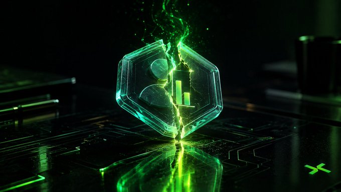 A digital artwork of a glowing green cracked hexagonal logo with a bar chart icon inside, surrounded by green particles and light reflections on a circuit board surface.