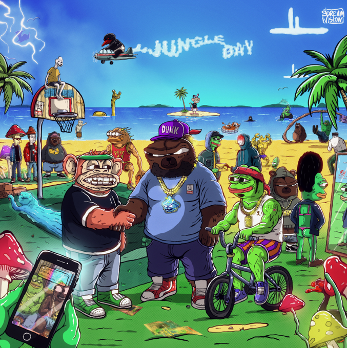 A colorful cartoon illustration titled 'JUNGLE DAY' features various characters (a monkey, a gorilla with a 'DUNK' cap, a frog on a bike) at a beach scene with palm trees and a flying jet-ski.