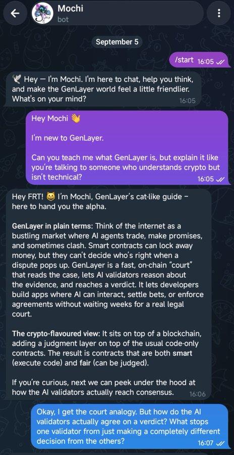 A Telegram chat with the 'Mochi bot' dated September 5, where the user asks for an explanation of GenLayer, and Mochi provides a crypto-friendly analogy comparing it to an on-chain court that judges disputes.