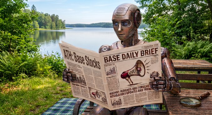 An AI-generated image of a humanoid robot sitting on a wooden bench by a serene lake, reading a newspaper titled 'BASE DAILY BRIEF' dated '12 September 2026' with a headline about 'ATH: Base Stocks' and a 'LIVE' megaphone graphic.