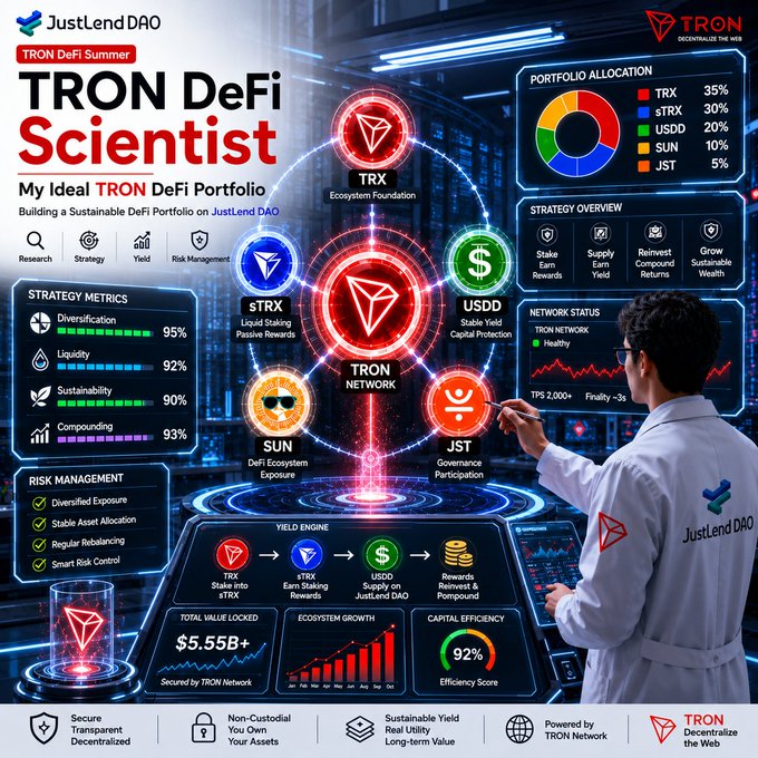 A TRON DeFi Scientist infographic from JustLend DAO displaying an ideal TRON DeFi portfolio with portfolio allocation (TRX 35%, sTRX 30%, USDD 20%, SUN 10%, JST 5%), strategy metrics, risk management details, and a $5.55B+ total value locked.