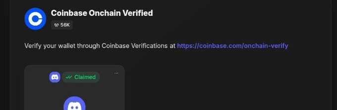 A screenshot of a "Coinbase Onchain Verified" profile with 56K followers, displaying a "Claimed" status and a link to https://coinbase.com/onchain-verify, supporting the post's message about preparing for a potential $BASE airdrop through Coinbase wallet verification.