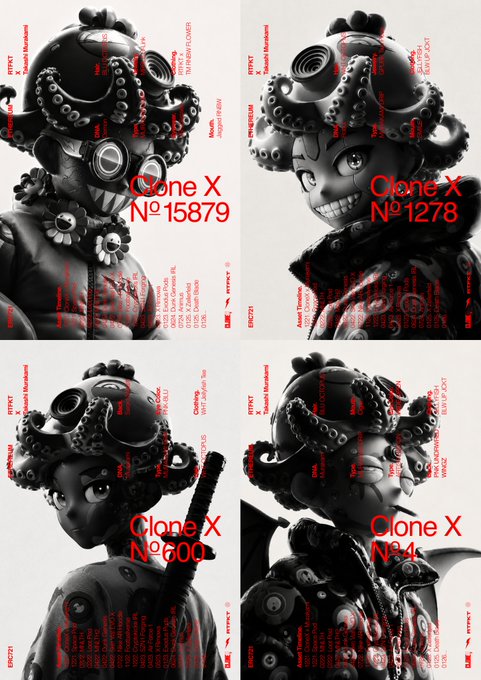 Four RTFKT CloneX NFTs in grayscale, each labeled with red text reading "Clone X" and a unique number (No. 15879, No. 1278, No. 600, No. 4), all featuring the distinctive octopus tentacle trait wrapped around their helmets. The series highlights one of CloneX's most iconic visual features—the cephalopod headgear—while preserving the collection's characteristic trait metadata scattered around each figure.