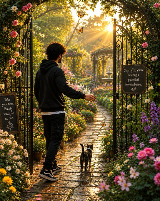 A young man in a black hoodie and a small cat stand at an ornate iron gate opening into a lush garden filled with colorful flowers, butterflies, and a stone fountain, with signs reading 'Take your time. Beauty waits for no one' and 'Step softly, you're entering a place that blooms dreams.'