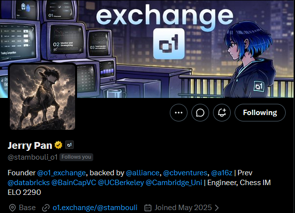 An X/Twitter profile page for Jerry Pan (@stambouli_o1), founder of o1.exchange, featuring anime-style header art.