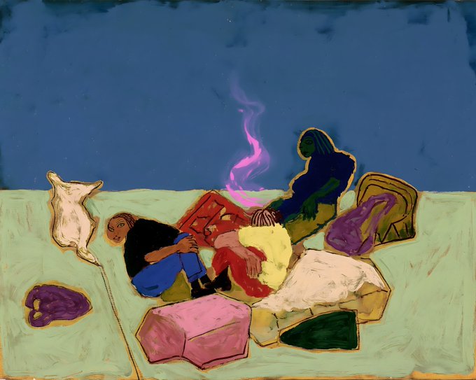 An expressionist-style painting of figures sitting together on a green surface against a blue background, with purple smoke or flame rising between them.