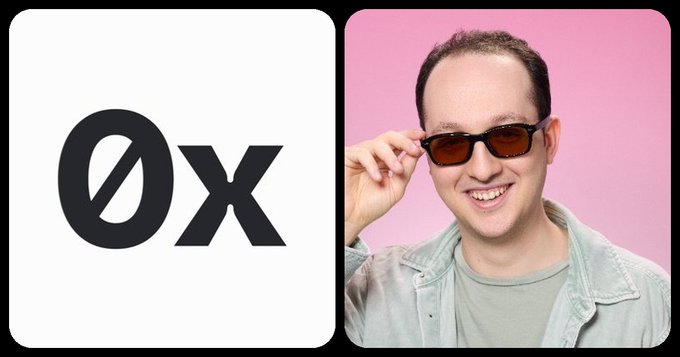 A split image featuring the "0x" logo on the left and a smiling man wearing sunglasses and a denim jacket pulling his glasses down on a pink background on the right.
