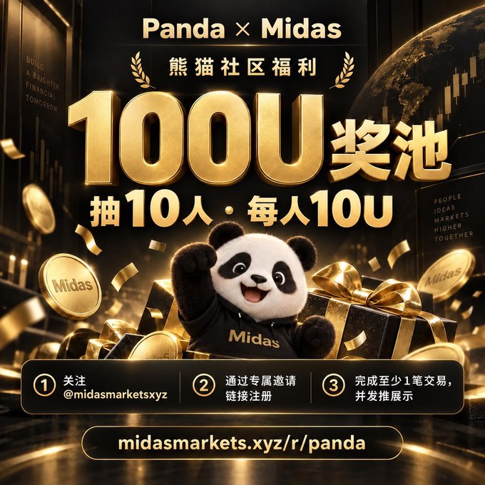 A promotional graphic for 'Panda x Midas' featuring a panda mascot, advertising a 100U prize pool (10 winners, 10U each) and directing users to midasmarkets.xyz/r/panda.