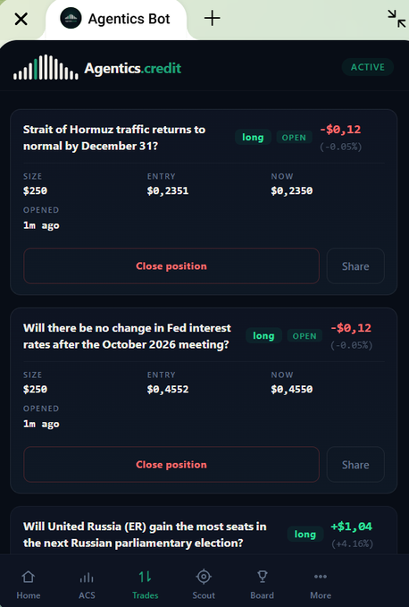 A mobile app screenshot for 'Agentics.credit' showing active prediction trades, including ones on the Strait of Hormuz traffic and Federal Reserve interest rates, with profit/loss indicators.