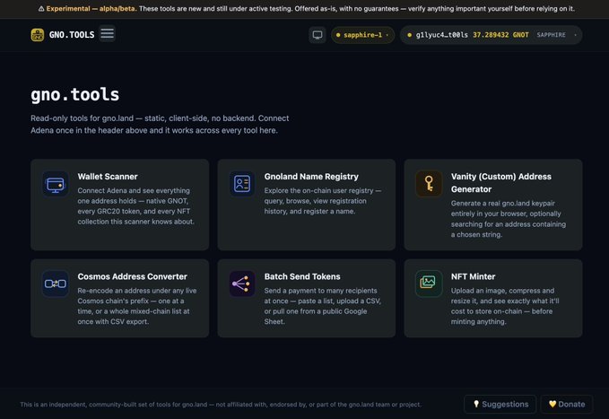 gno.tools dashboard listing read-only tools for gno.land including a Wallet Scanner, Gnoland Name Registry, Vanity Address Generator, Cosmos Address Converter, Batch Send Tokens, and NFT Minter.