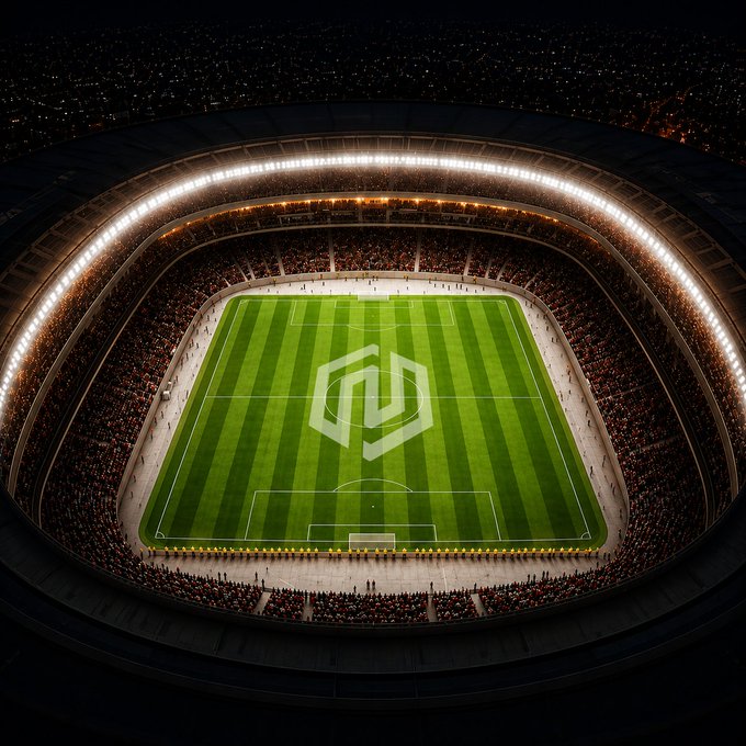 An aerial nighttime view of a packed, illuminated football stadium centers on a vivid logo projected onto the striped pitch, echoing the post's "Keep your eyes on the goal." message by drawing all attention toward the brightly lit field where the outcome will be decided.
