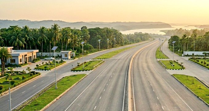 The image shows a long, empty highway stretching out into the distance, surrounded by lush green trees and palm trees. The road appears to be empty of any vehicles or people at the moment. In the background, there are buildings visible on one side of the highway, adding depth to the scene. The sky above is clear blue with some clouds scattered across it.
