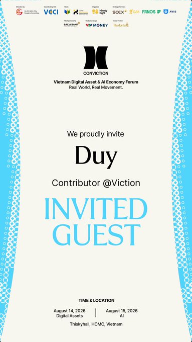 An invitation card for the CONVICTION Vietnam Digital Asset & AI Economy Forum, inviting 'Duy' as a Contributor @Viction as an Invited Guest on August 14-15, 2026 in Vietnam.
