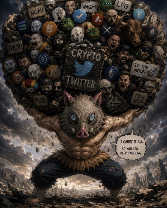 A satirical crypto meme illustration of a muscular pig-like creature carrying a massive boulder covered in crypto Twitter faces, logos (BTC, ETH, etc.), and slogans like WAGMI, LFG, NGMI, DYOR, FUD, 'TO THE MOON', and '100X GEM', with text 'I CARRY IT ALL SO YOU CAN KEEP TWEETING'.