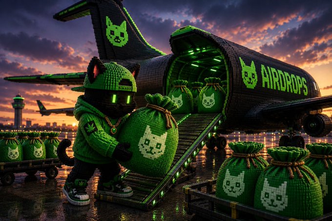 A stylized pixel-art character in green loading bags labeled "AIRDROPS" from a cargo plane at sunset, featuring cat-face logos on the bags and aircraft.