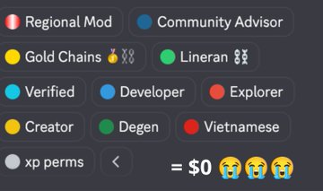 A screenshot of Discord roles including "Regional Mod," "Community Advisor," "Verified," and "Developer" alongside Lineran and Vietnamese tags, paired with the caption "= $0" and crying emojis to emphasize frustration over three years of farming activities yielding no monetary reward from Linera's airdrop.