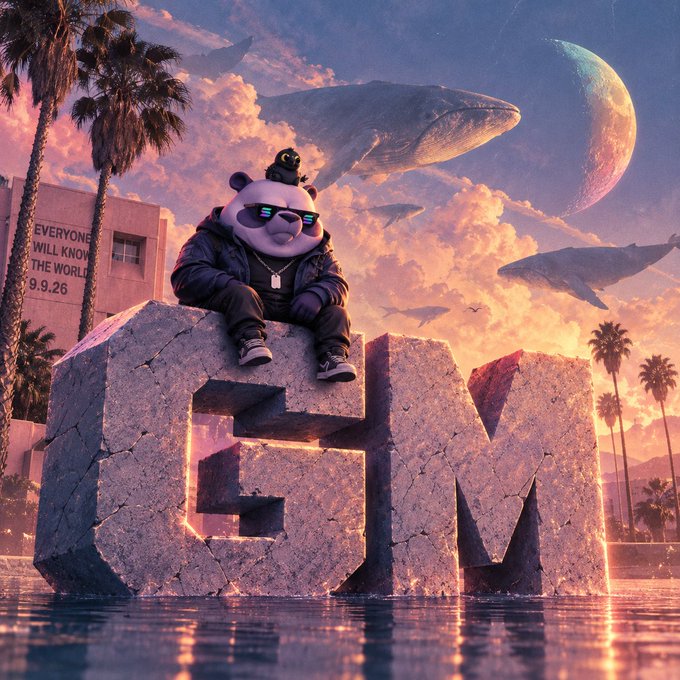 A digital artwork featuring a panda wearing sunglasses and a jacket sitting atop large concrete "FM" letters, with whales flying through a sunset sky and a moon in the background.