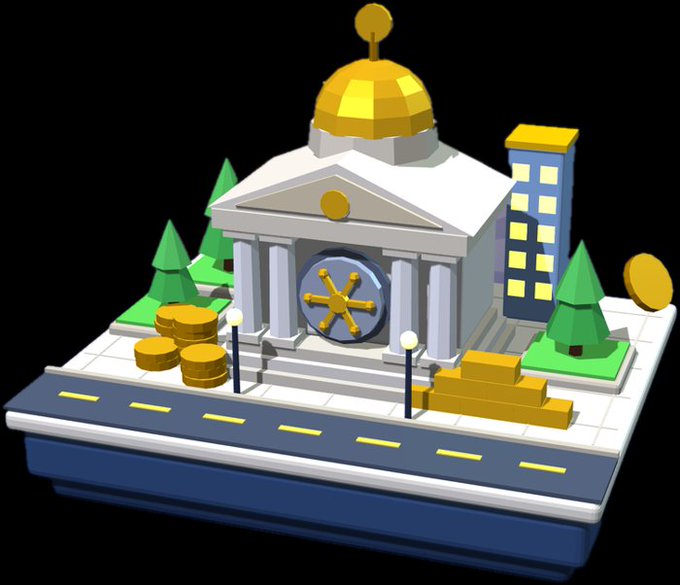 A stylized 3D government-building icon with a gold dome, columns, trees, coins, and a small tower sits on a layered platform with a road.