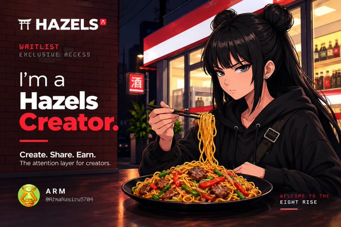 A promotional graphic for 'HAZELS' features an anime-style girl eating noodles with text reading 'I'm a Hazels Creator. Create. Share. Earn.' and 'WELCOME TO THE EIGHT RISE'.