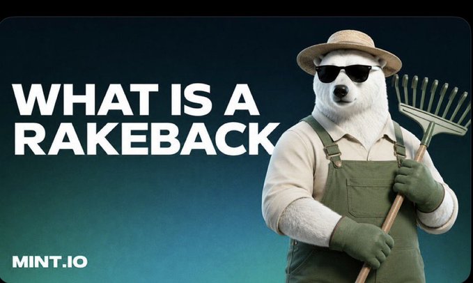 A promotional banner reading 'WHAT IS A RAKEBACK' with a polar bear wearing a straw hat, sunglasses, and green overalls holding a rake, branded with 'MINT.IO' at the bottom.