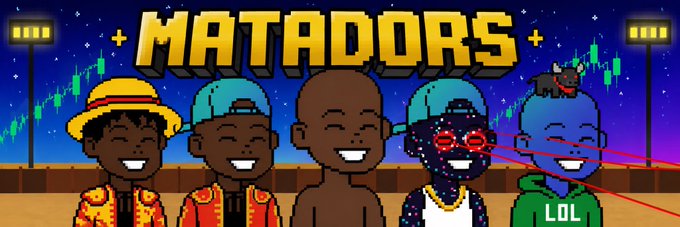 A colorful illustration titled 'MATADORS' features five cartoon characters with different hairstyles and clothing, set against a night sky with stadium lights and a green chart background.