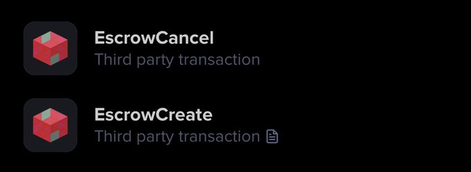 Dark interface listing two transaction types: 'EscrowCancel' and 'EscrowCreate', both labeled as 'Third party transaction' with red cube icons.