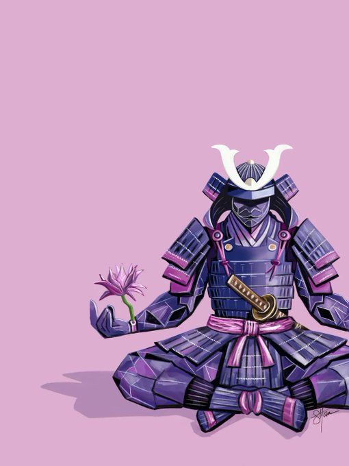 A digital illustration of a samurai wearing purple and black armor, sitting in a meditative pose holding a pink flower, set against a soft pink background.