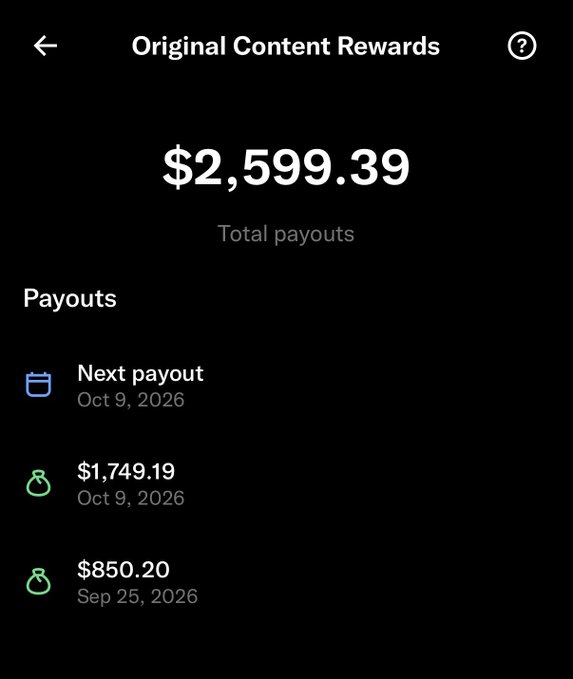 A mobile app screenshot showing 'Original Content Rewards' with $2,599.39 in total payouts, a next payout scheduled for Oct 9, 2026, and previous payouts of $1,749.19 (Oct 9, 2026) and $850.20 (Sep 25, 2026).