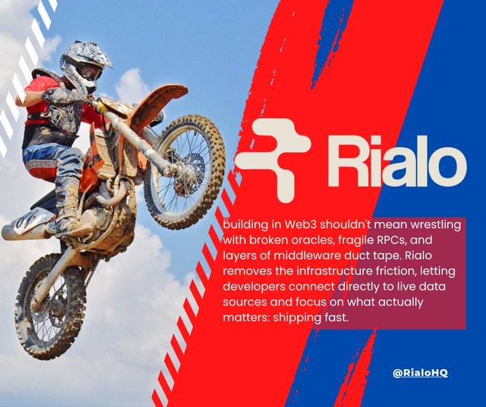 A promotional graphic for Rialo showing a motocross rider performing a jump, with text explaining that the platform removes infrastructure friction for Web3 developers, tagged @RialoHQ.