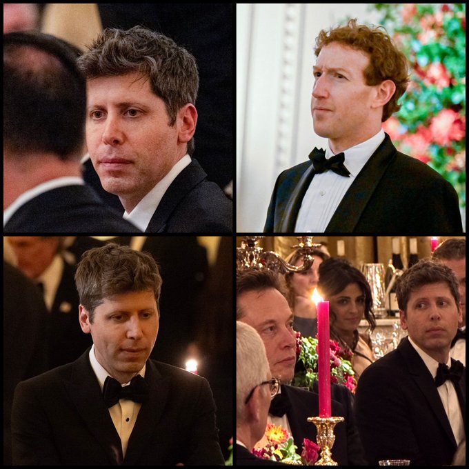 The image is a four-panel collage showing Sam Altman at what appears to be a formal White House dinner, with the accompanying caption humorously portraying him as an awkward or excluded guest at the event despite his prominent presence in the photos.