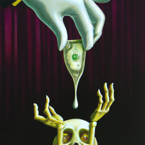 A surreal illustration shows a hand squeezing a green eyeball with a drop falling toward a skull held by grasping hands against a red curtain backdrop.