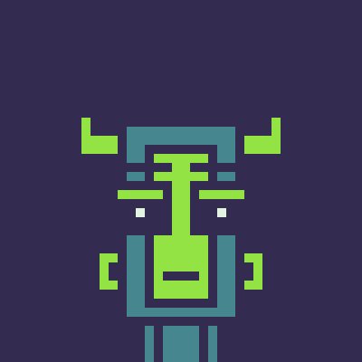 A minimalist digital illustration of a bull or cow's face rendered in bright green and teal pixel-style design on a dark purple background.