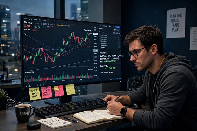 A man in glasses sits at a desk analyzing Bitcoin/USD trading charts on a large monitor in a dark office, with a 'PLAN THE TRADE, TRADE THE PLAN' poster on the wall, sticky notes on the screen, and a coffee mug nearby.