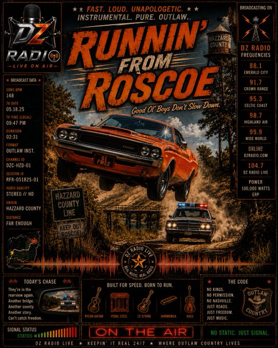 A retro-styled promotional poster for 'DZ RADIO LIVE ON AIR' featuring an orange classic muscle car being chased by a police car, titled 'RUNNIN' FROM ROSCOE' and listing broadcast frequencies and song details.