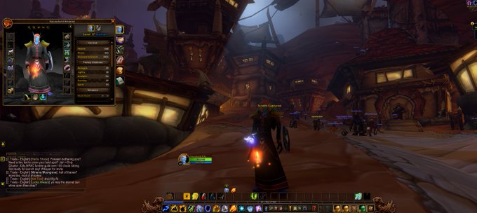 A screenshot from the game World of Warcraft showing a character named "Asmongold" in a town setting, with a character interface panel open on the left.