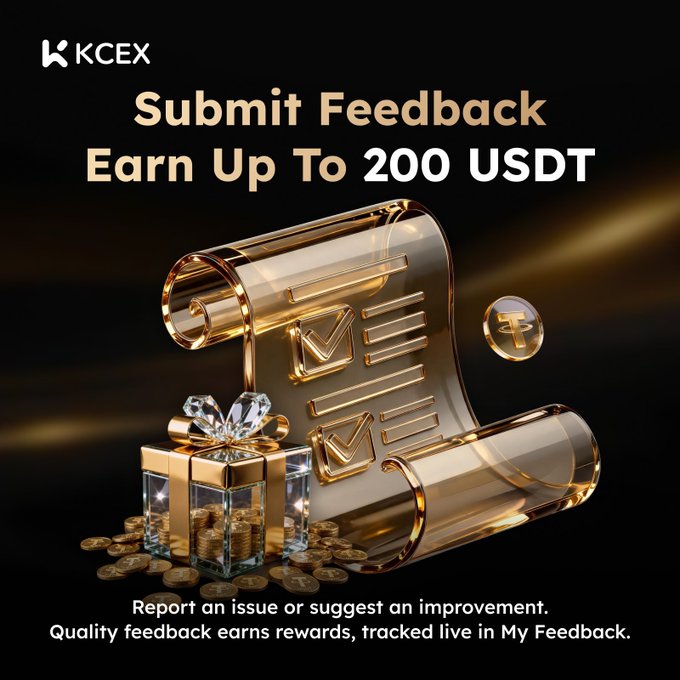 A promotional graphic for KCEX advertises "Submit Feedback Earn Up To 200 USDT" alongside an image of a golden scroll with checkmarks, a gift box, and a coin displaying a 'T'.