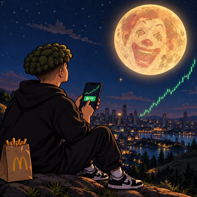 An illustrated scene of a person in black streetwear sitting on a hillside at night, looking at a smartphone displaying a green 'BUY' button and a rising chart, with a McDonald's fries bag nearby, set against a city skyline and a large, smiling anthropomorphic moon.