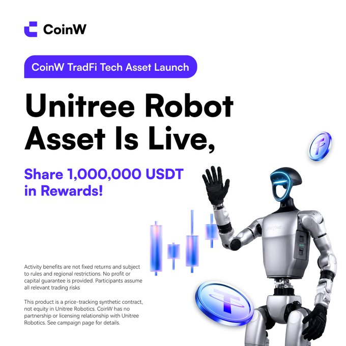 A CoinW TradFi Tech Asset Launch announcement featuring the headline "Unitree Robot Asset Is Live" alongside a silver humanoid robot and blue coin graphics, promoting a 1,000,000 USDT rewards share. The image directly supports the post's call for users to register and participate in the UNITREE asset launch event on CoinW.