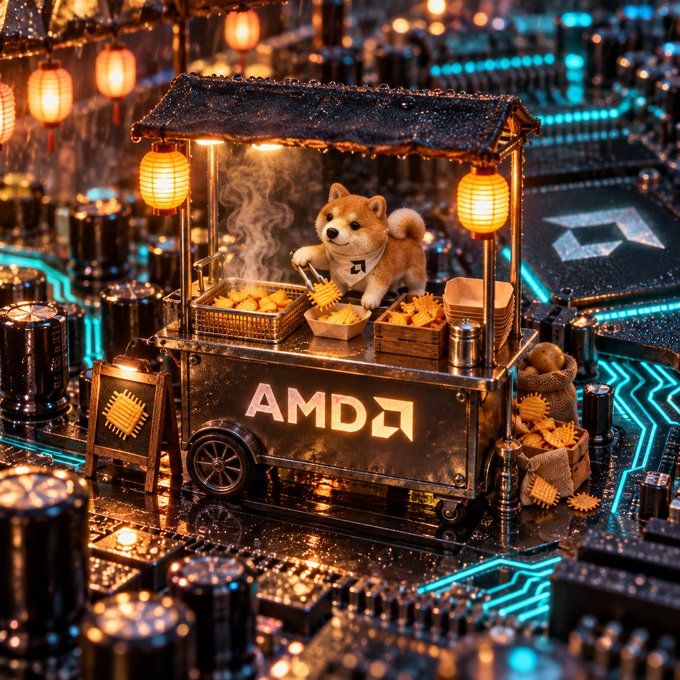 A whimsical 3D-rendered scene of a small Shiba Inu dog working at an AMD-branded food cart on a glowing computer circuit board, with the AMD logo visible on the cart and in the background.