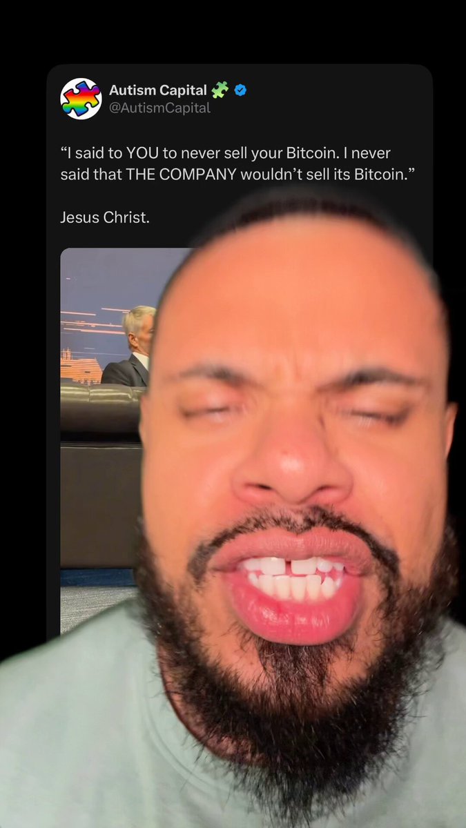 The image shows a man's face with his mouth open wide, making an odd facial expression that looks like he is making a funny or goofy face. The caption below him reads "It's officially fuck Michael Saylor. He saying that he never said anything about selling YOUR Bitcoin." This suggests the post may be humorous or satirical in nature rather than strictly true to the original statement made by Saylor.