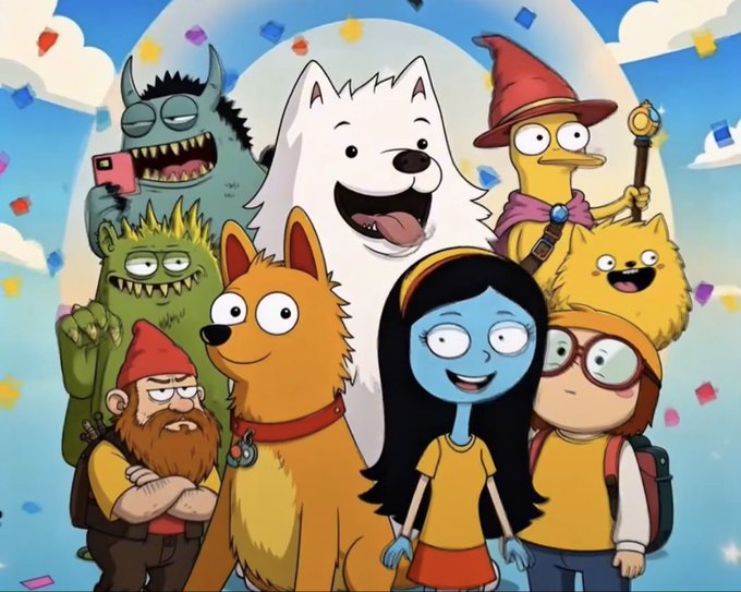 An animated group illustration featuring cartoon characters including dogs, a blue-skinned girl, and various fantasy creatures against a sky background with confetti.