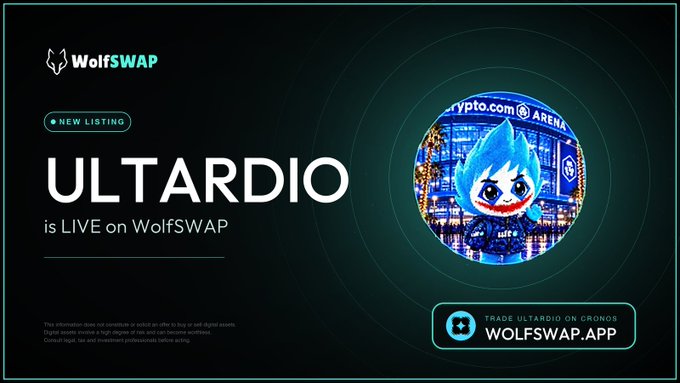 A promotional banner for WolfSWAP announcing a new listing for 'ULTARDIO', featuring a blue flame-haired cartoon character mascot and the text 'is LIVE on WolfSWAP' with a 'TRADE ULTARDIO ON CRONOS' button.
