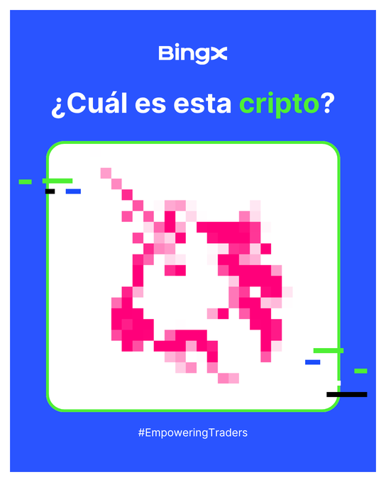 A BingX promotional graphic asking '¿Cuál es esta cripto?' (Which crypto is this?) featuring a pixelated pink character on a blue background with the hashtag #EmpoweringTraders.