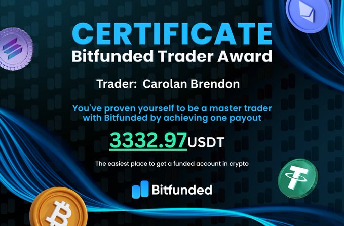 A Bitfunded Trader Award certificate presented to Carolan Brendon for achieving a $3,332.97 USDT payout, highlighting the impressive 2.4X return on their initial $1,399 investment in a $150,000 funded trading account. The image visually reinforces the post's celebration of Carolan's trading success with the platform.