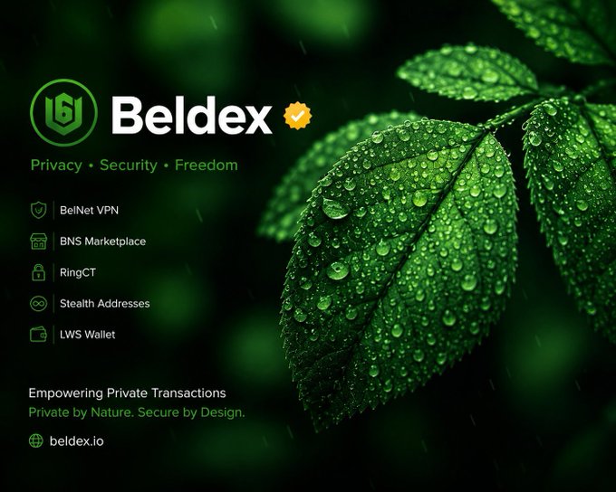 A promotional graphic for 'Beldex' highlighting 'Privacy • Security • Freedom' with features like BelNet VPN, BNS Marketplace, RingCT, Stealth Addresses, and LWS Wallet, set against a background of water droplets on a green leaf.