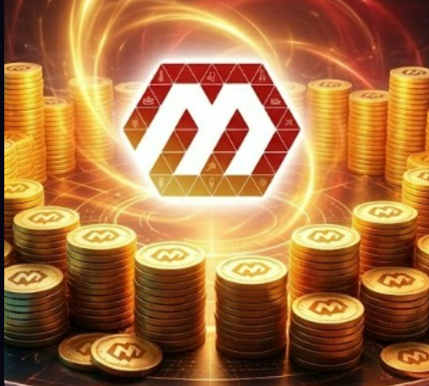 A graphic showing stacks of gold coins with an 'M' logo, surrounding a central emblem with an 'M' design and Chinese characters, set against a glowing orange background.
