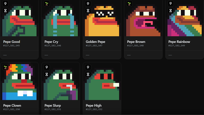 A grid of pixel-art Pepe the Frog NFT variants including Pepe Good, Pepe Cry, Golden Pepe, Pepe Brown, Pepe Rainbow, Pepe Clown, Pepe Slurp, and Pepe HiGH.