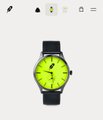 A digital interface displaying a minimalist wristwatch with a bright lime-green dial and a black strap.