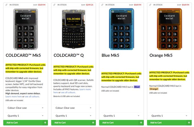 A product lineup from Coinkite displaying four COLDCARD hardware wallet models (Mk5, Q, Blue Mk5, and Orange Mk5) priced at $169.94 or $249.21, each marked with an "IN-STOCK" badge and a notice that affected units will ship with corrected firmware, supporting the tweet's mention of a big sale at Coinkite.