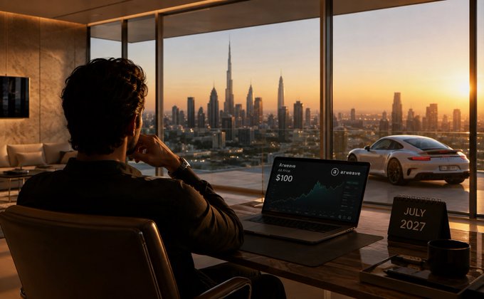 A businessman sits at a desk gazing out at a Dubai skyline at sunset, with a luxury car parked outside, while his laptop displays a stock chart at "$100" and a calendar on the desk reads "JULY 2027"—symbolizing the patient, long-term wealth-building ethos behind $AR.